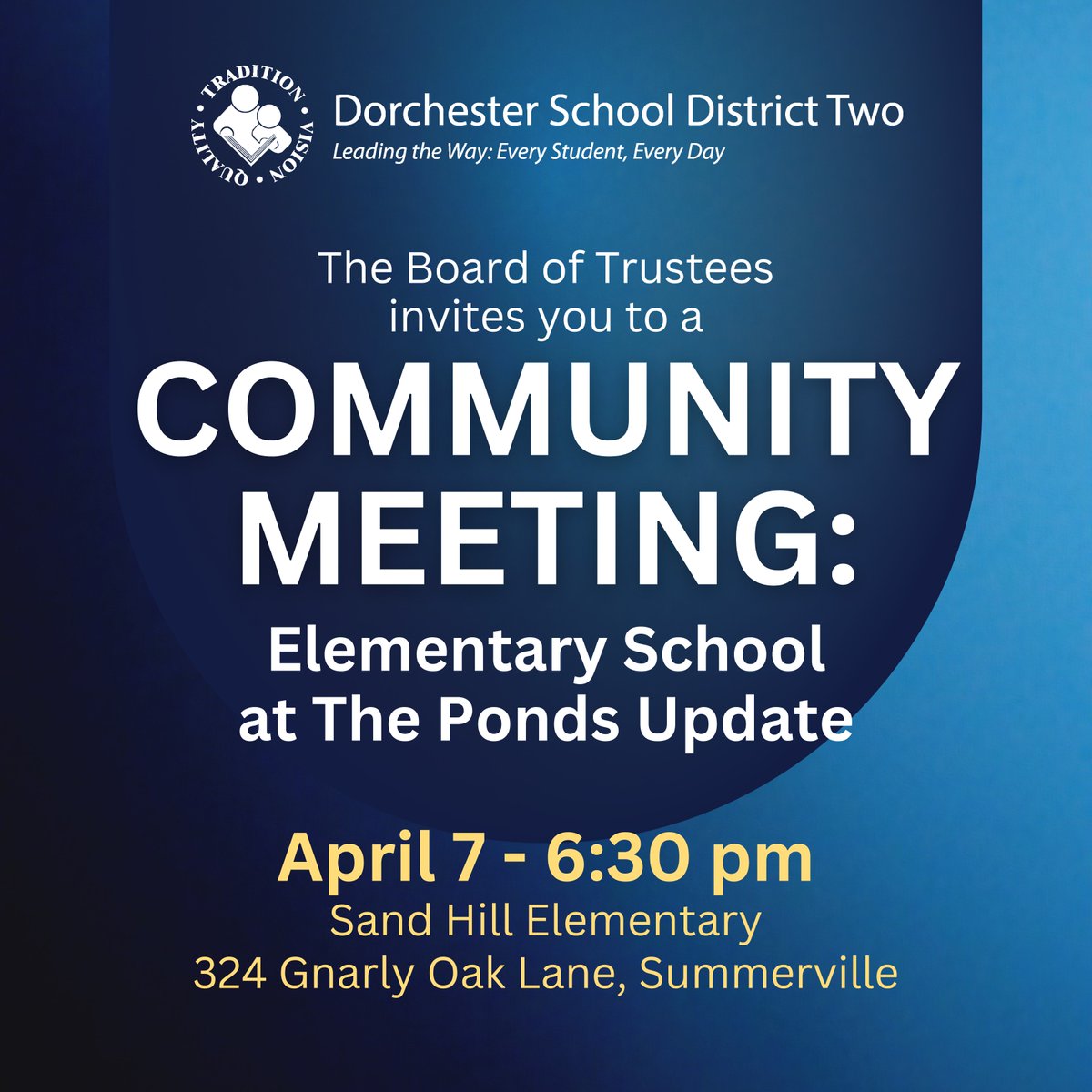 📢 Community Meeting Tomorror (4/7)
Join the DDTwo Board of Trustees and district leaders for an important update and discussion on the elementary school at The Ponds on Monday, April 7th. #TeamDorchester 

📢 April 7, 6:30 PM
Sand Hill Elementary
324 Gnarly Oak Lane
