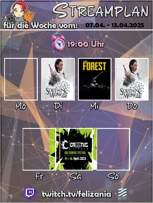 Felizania1's tweet image. Der Streamplan für die Woche

#SouthOfMidnight gibt es DI und DO
MI geht es weiter mit #theforest 
und SA ist kein Stream, da ich dort bei der 
#caggtus bin
Wer noch alles dort ist, melde sich gerne unter den Post

twitch.tv/felizania 

#twitch #twitchDE #GermanMediaRT