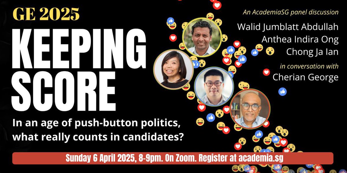 Chong Ja Ian, Anthea Indira Ong, and Walid Jumblatt Abdullah speak in our webinar on the meaning of elections beyond the political spectacle in Singapore. Moderated by Cherian George.

Watch the webinar live on YouTube now: youtube.com/watch?v=Pr5oqx…