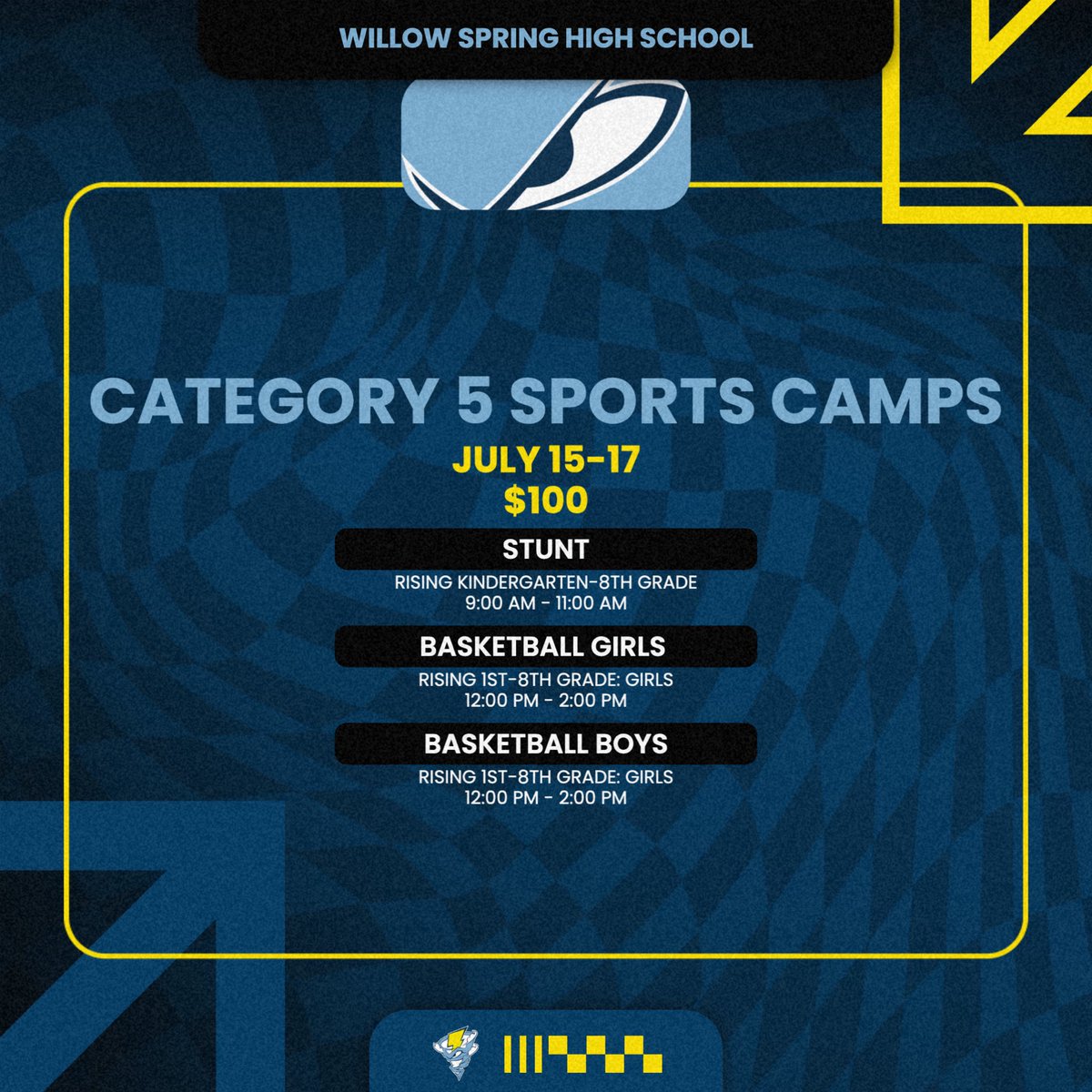 Willow Spring Storm Boosters (@wsstormboosters) on Twitter photo Spring Break’s over… and if your kids said “I’m bored” even once during it…�You already know you need a plan for summer.
Enter: Cat 5 Youth Summer Sports Camps! Limited spots. Lock in your spot today!
📩 Register now: category5sportscamps.com
<a href="/WS_Storm_Sports/">Willow Spring Storm</a> <a href="/WillowSpringHS/">Willow Spring High School</a> Spring Break’s over… and if your kids said “I’m bored” even once during it…�You already know you need a plan for summer.
Enter: Cat 5 Youth Summer Sports Camps! Limited spots. Lock in your spot today!
📩 Register now: category5sportscamps.com
<a href="/WS_Storm_Sports/">Willow Spring Storm</a> <a href="/WillowSpringHS/">Willow Spring High School</a>