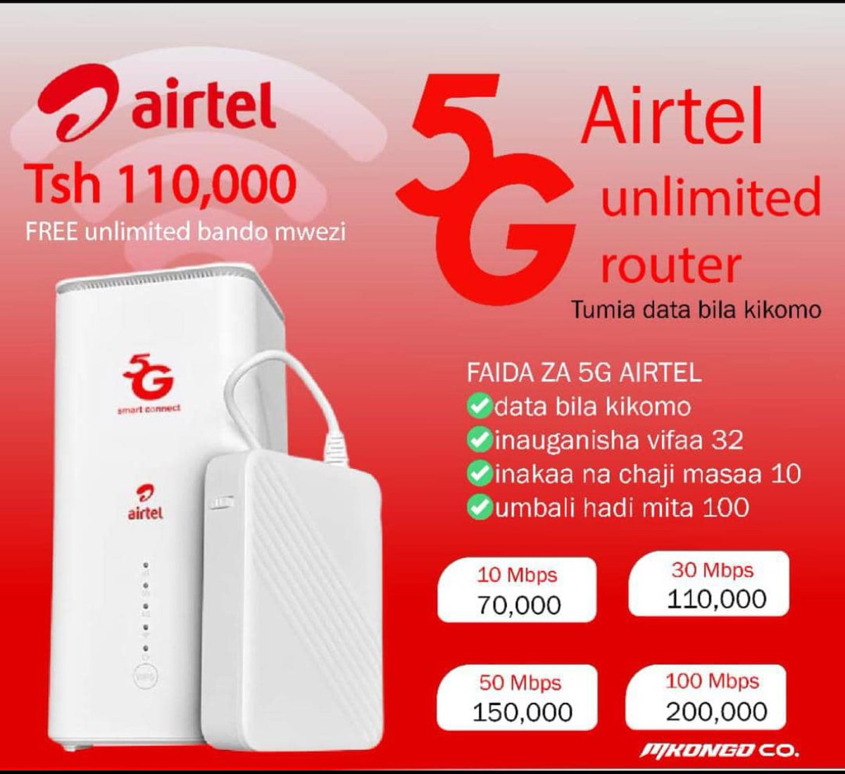 raisram's tweet photo. @zumbekhan 5G airtel smartconnect Kwa 110,000 tuu ni unlimited kila mwezi unalipia 70,000 inaunganisha mpaka watu 32  free delivery nchi nzima 
Call 0621886062 https://t.co/98M9ileneJ