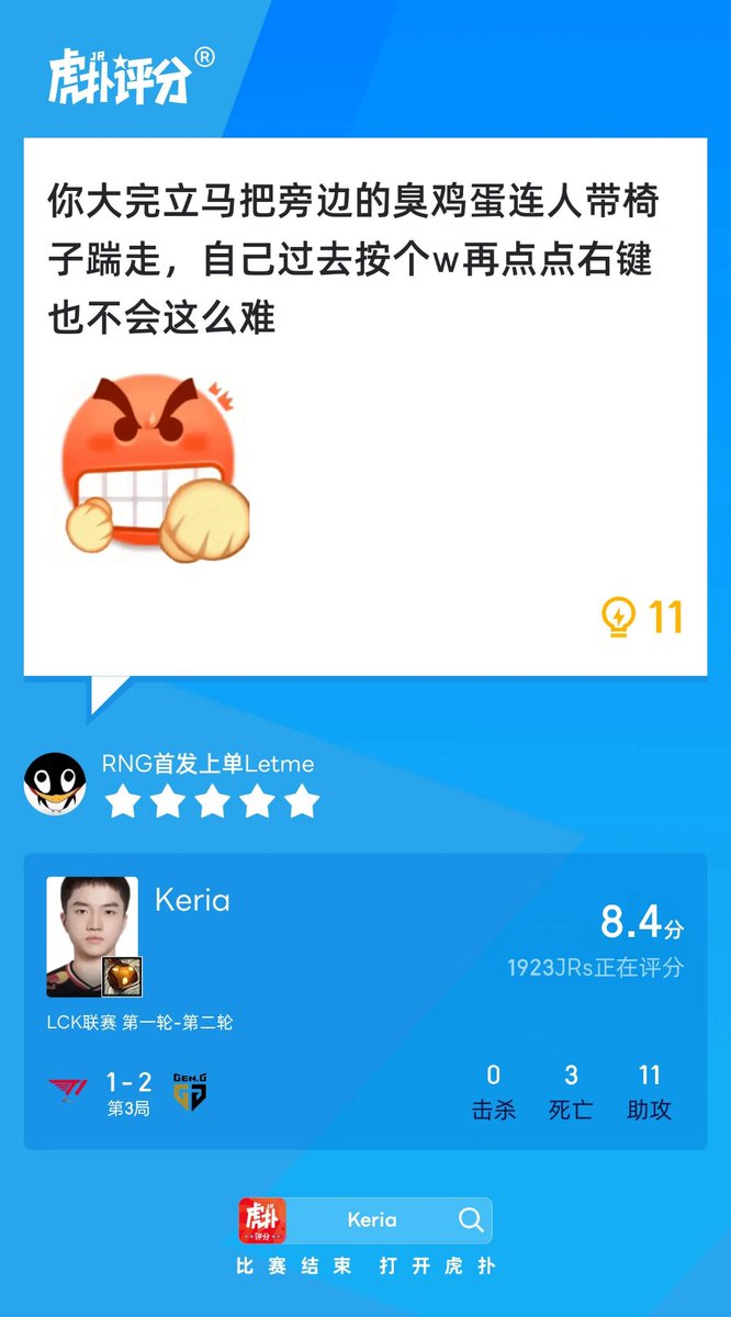 Keria gets 8.4 for Game 3 against GEN:

"I don't know who is the best AD, but Keria is brunt out"

"After the Brad ult, you could have just kicked both Guma and his chair away, take over his keyboard and press W then start AA. The game would have been easier."

#LCK #T1WIN