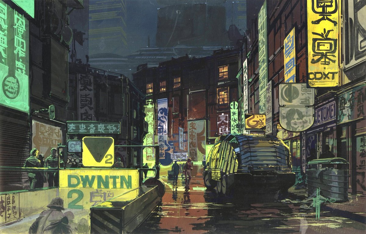 Exquisite BLADE RUNNER concept art by Syd Mead. To think Ridley Scott basically hired him to design some futuristic cars and Mead built a whole world around them.