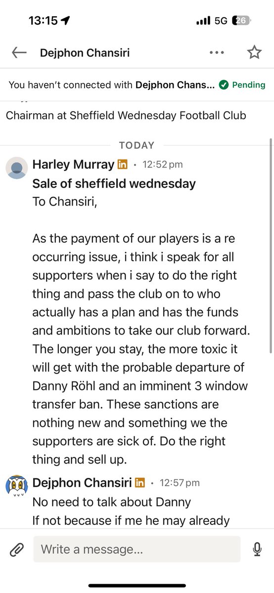 harleyy45's tweet photo. Messaged chansiri on linkedin not expecting a reply. Anyone got any ideas for what to reply to this? 😂#swfc #chansiriout https://t.co/khrMxWhQck