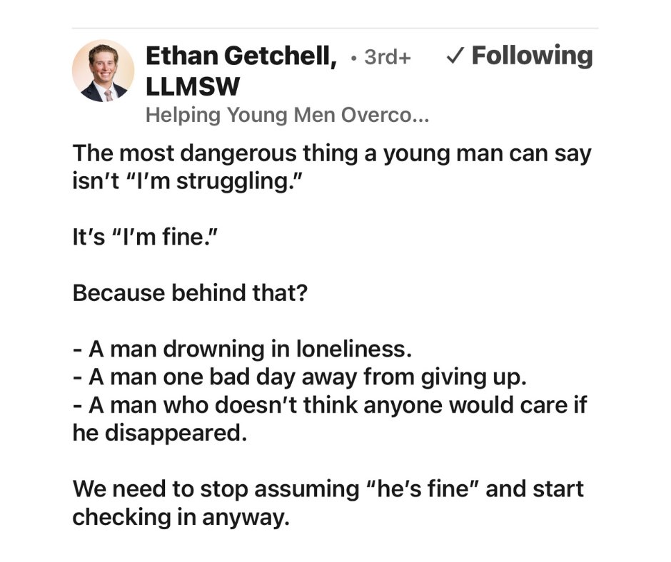 TeamforBen's tweet image. This!  Follow Ethan Getchell on FB if you have a son, young man or any male in your life that is struggle with mental health.  His message is powerful, real, and so important.

#continueyourstory #AskforHelp #MentalHealthMatters #TherapyisCool
