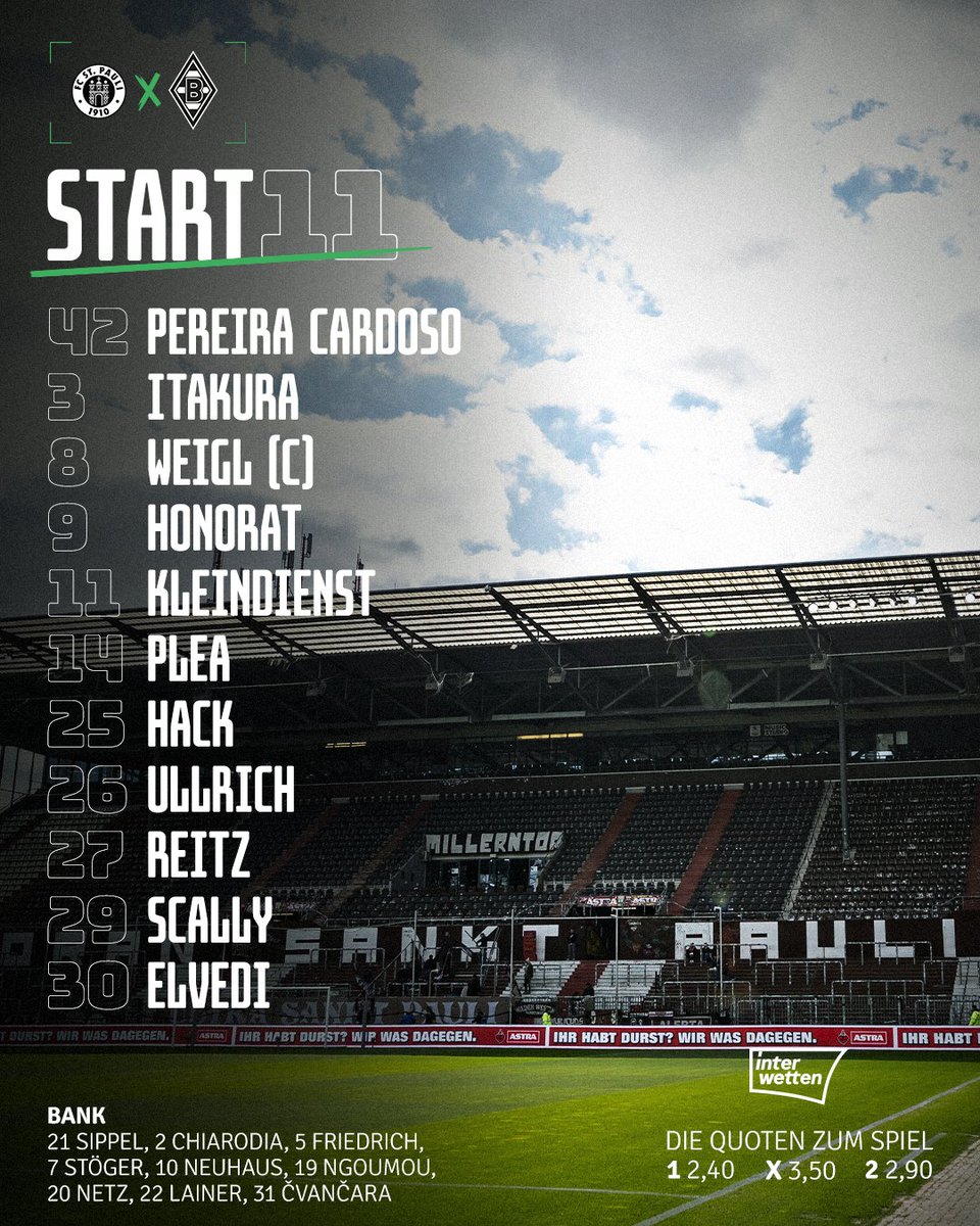borussia's tweet photo. Mit dieser Elf startet wir gegen St.Pauli! 
👉 https://t.co/7F9LPi2ljt

#dieFohlen #FCSPBMG https://t.co/0ngXOlcD6t