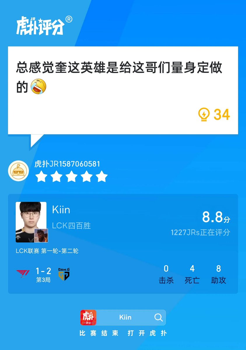 Kiin gets 8.8 for Game 3 against T1:

"So far the best Bo3 in 2025"

"AFS Kiin"

"I feel like K'Sante is made for him"

#LCK #GENWIN
