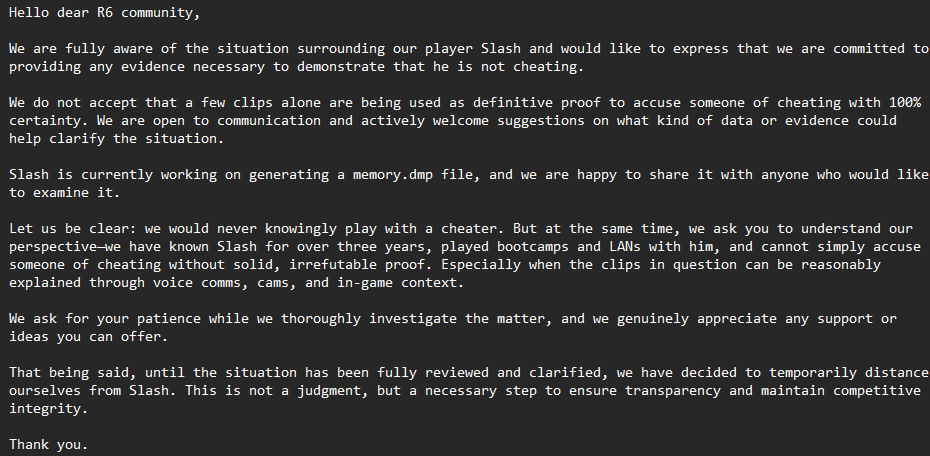 Statement Regarding the Cheating Allegations Against Our Player Slash