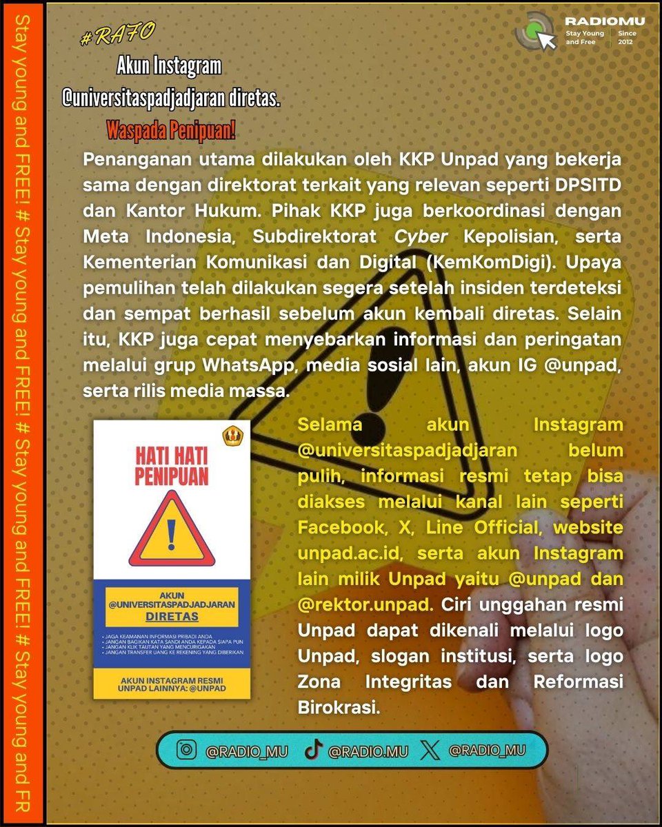🚨[#RAFO: Akun IG Unpad diretas!]🚨

Akun Instagram resmi @universitaspadjadjaran telah diretas pada Sabtu, 5 April 2025 pukul 14.00 WIB oleh pihak tidak bertanggung jawab.