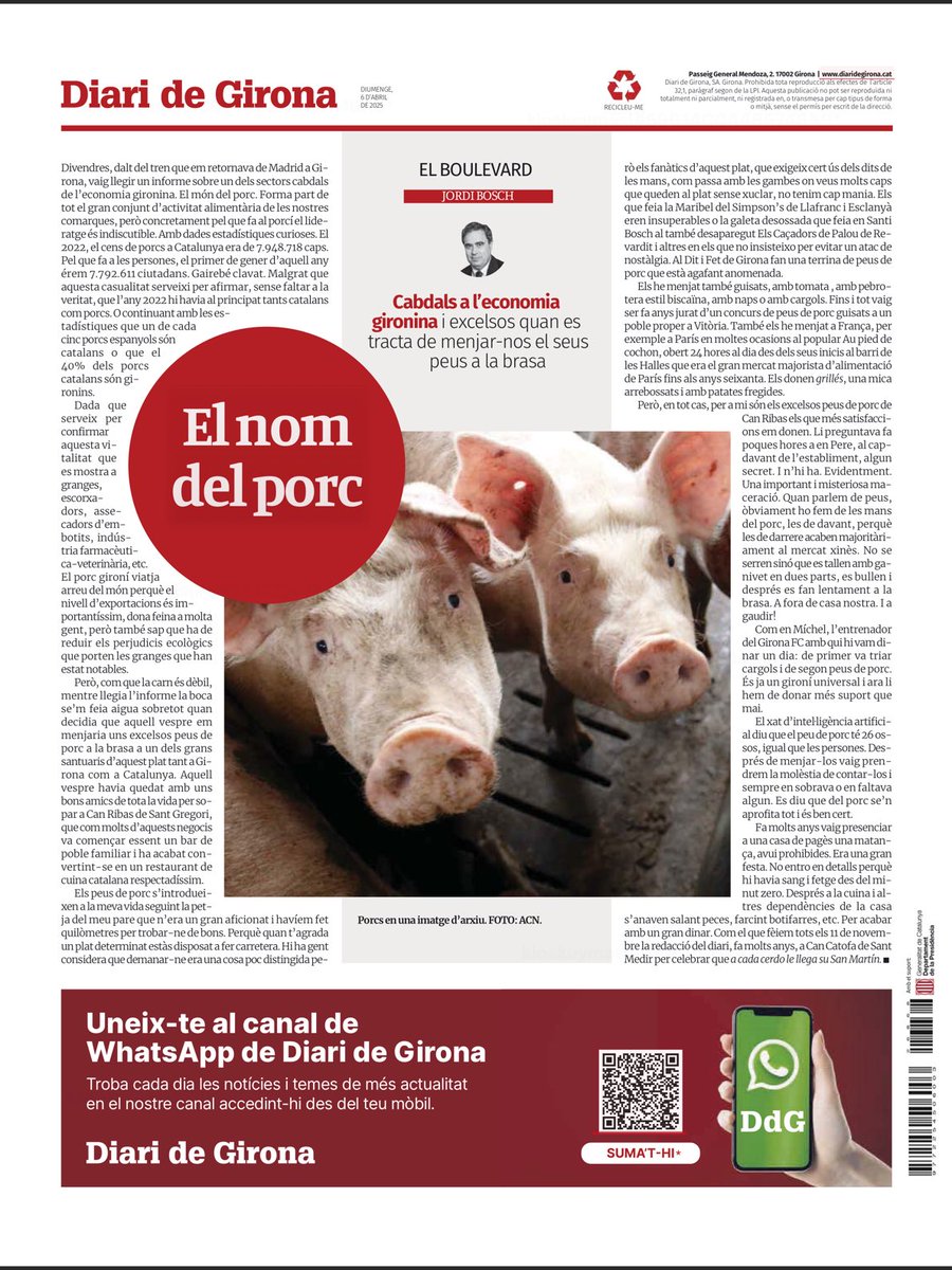 JordiBosch11 (@jordibosch11) on Twitter photo El meu article dels diumenges al <a href="/DiarideGirona/">Diari de Girona</a>. “ A cada cerdo le llega su San Martín…..” El meu article dels diumenges al <a href="/DiarideGirona/">Diari de Girona</a>. “ A cada cerdo le llega su San Martín…..”