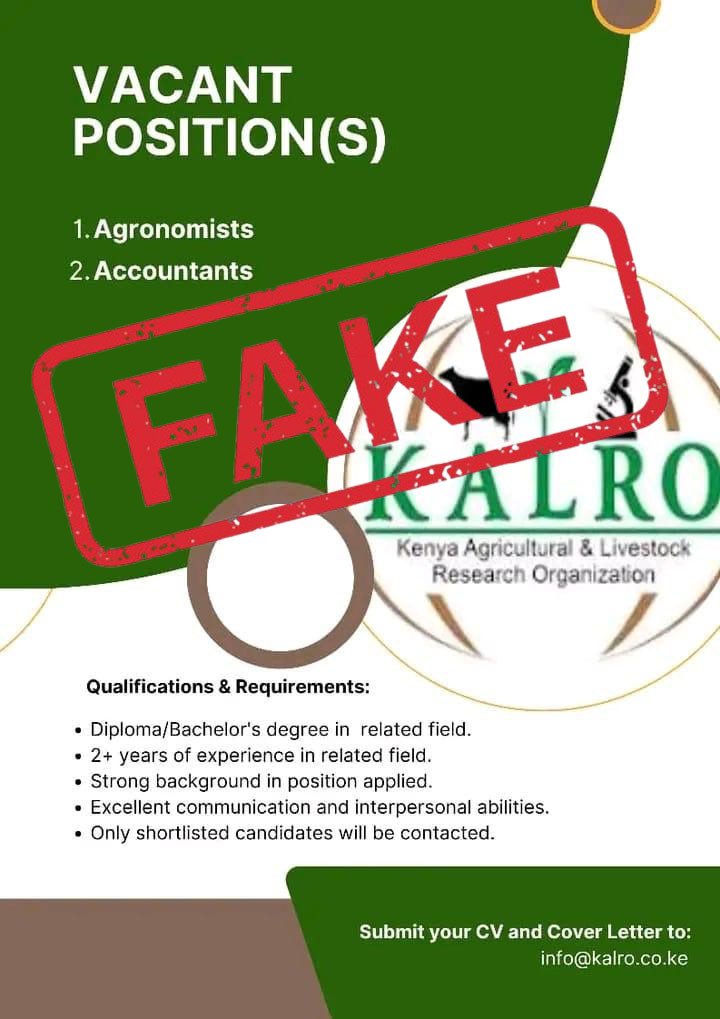 We would like to inform the public about a fraudulent job advertisement circulating on various social media platforms.

We urge all job seekers to exercise caution and confirm the authenticity of any job postings by visiting our official website: kalro.org