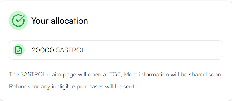 HopeAlpha_'s tweet photo. 🚀If you participated in the  @AstrolFinance  Community Sale, you can now check your  $ASTROL allocation.👀
https://t.co/IR9ghBsU4Y
⚡Claim page  will go live at TGE.🚀

April is set to be HUGE.
The Eclipse Economy is just getting started.🔥