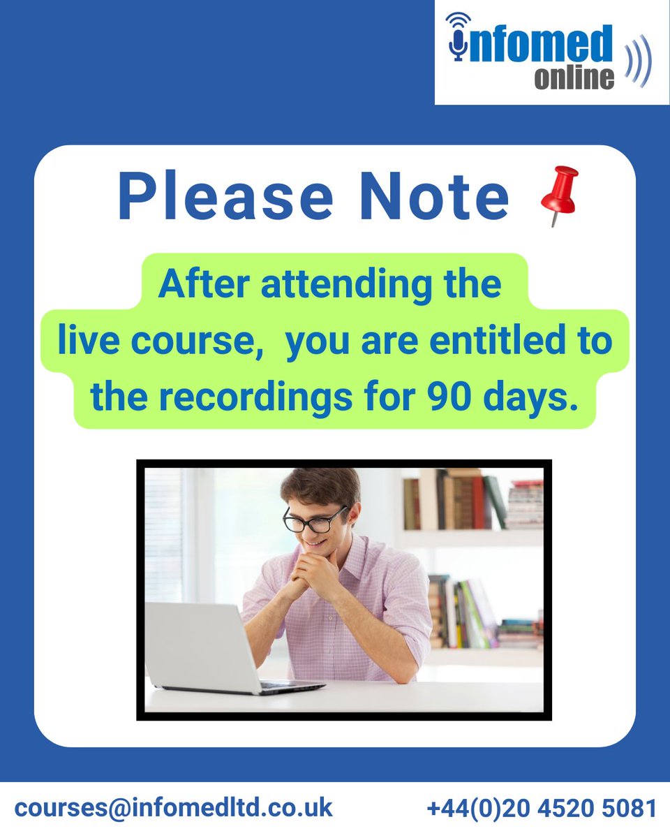 InfomedOnline's tweet image. Missed something during the live course? No problem! You have 90 days to revisit the course recordings, giving you the flexibility to catch up or rewatch specific sections for deeper understanding.

#livecourse #cpd #medicaleducation #catchup #rewatch #infomed