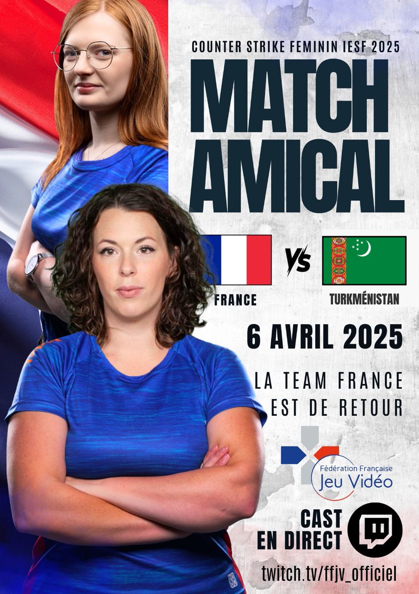 [EQUIPE DE FRANCE]

A partir de 16h, suivez les 3 matchs amicaux de l'équipe de France féminine #counterstrike !
Nos vice-championnes du monde sont prête pour montrer qui fait la loi

<a href="/astramcs/">BIG ASTRA</a> 
<a href="/Julie_CSGO/">ZER Monkey D. Julie</a> 
<a href="/notkaoday/">Kaoday</a> 
<a href="/RacheLL_CS2/">ZER Rachel</a> 
<a href="/emeraldcsgoo/">Emerald</a> 
Coach : <a href="/Kan4_CSGO/">ZER Kan4</a> 
#WEC25
📽️⬇️