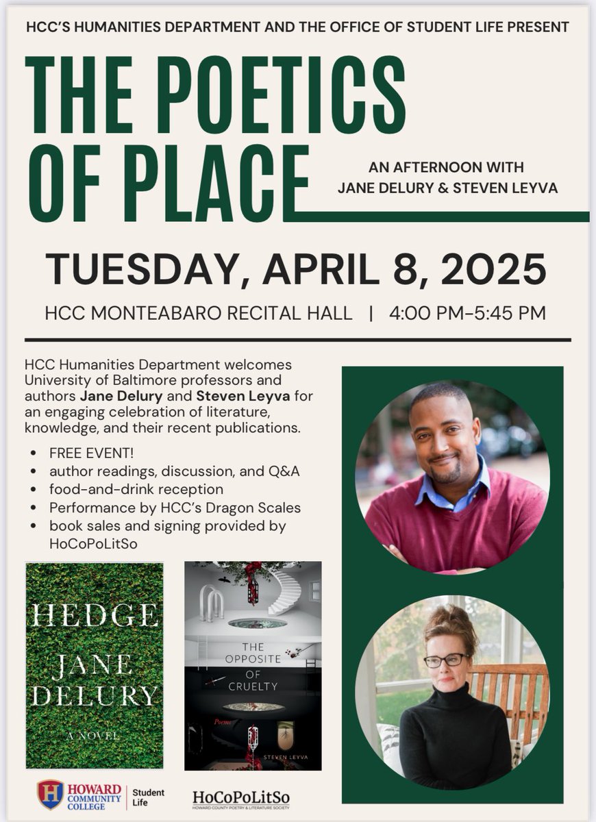 Another chance to hear me read from THE OPPOSITE OF CRUELTY at Howard Community College April, 8th 4pm - 5:45. I am reading with my illustrious colleague, Jane Delury and we will be discussing writing about place.
