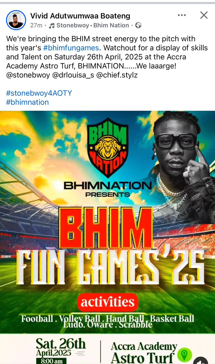AkosuaSerwaaJua's tweet photo. The kind of PR we have been waiting for all years. She Dey job pass the country’s President.

Bhimfungames happening live on 26th April 🔥🔥
#StonebwoyForAOTY https://t.co/tQIbk2ngRd