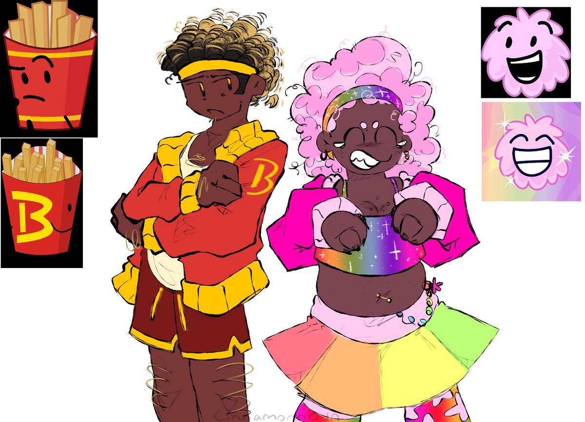 cinnamonnscr0ll's tweet photo. FRIES AND PUFFBALL GIJINKAS!!! proud of these ones :) funny cottoncandy woman and her tough fastfood man #bfdi #puffries #OSC https://t.co/zvOBOOt5cj