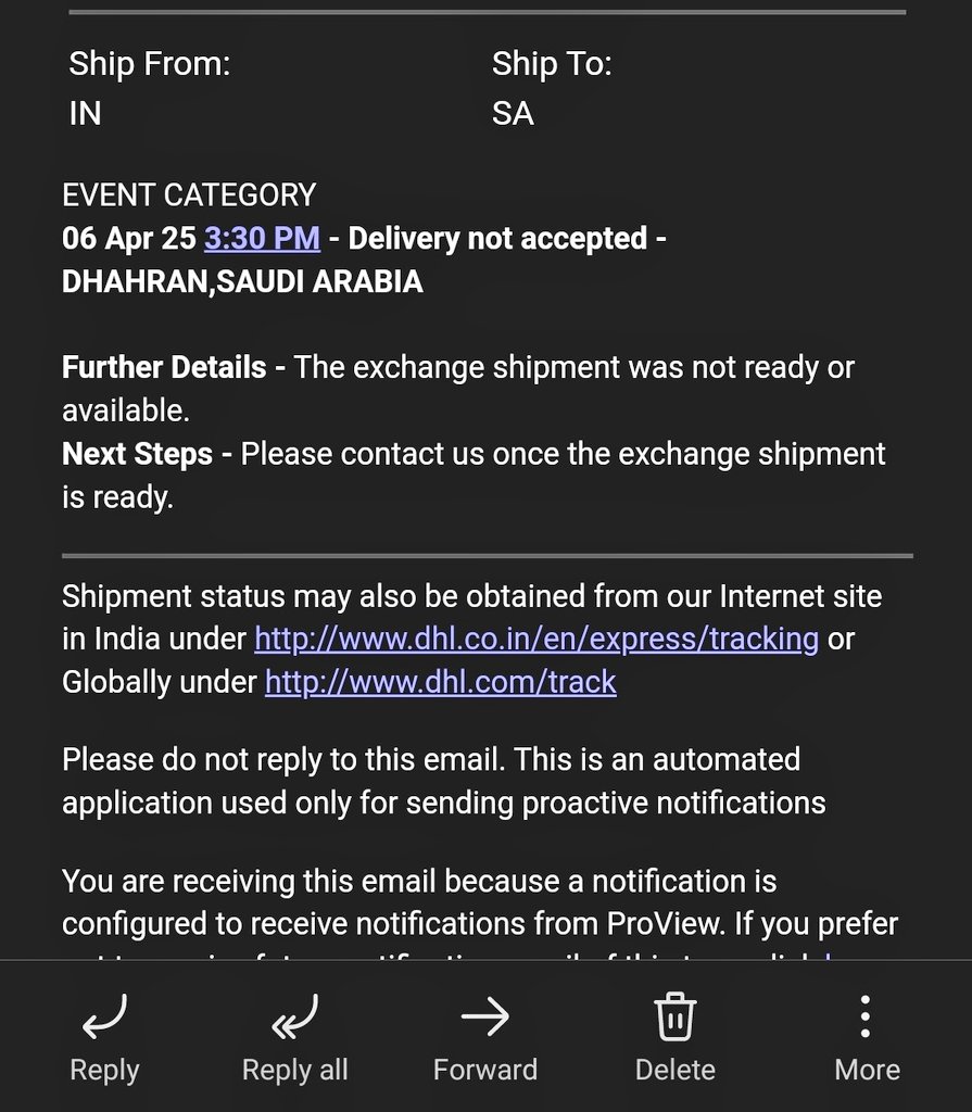 ArnabVADS's tweet photo. We have sent a important tender shipment to Dammam in the KSA on the 21/03 via @DHLGlobal @DHLExpressIndia it had been 15! Days &amp; still due to some bogus reason or the other, or sheer incompetence, they are yet to deliver it. New reason today below, ITS NOT AN EXCHANGE SHIPMENT! https://t.co/aEhCSQA5R4