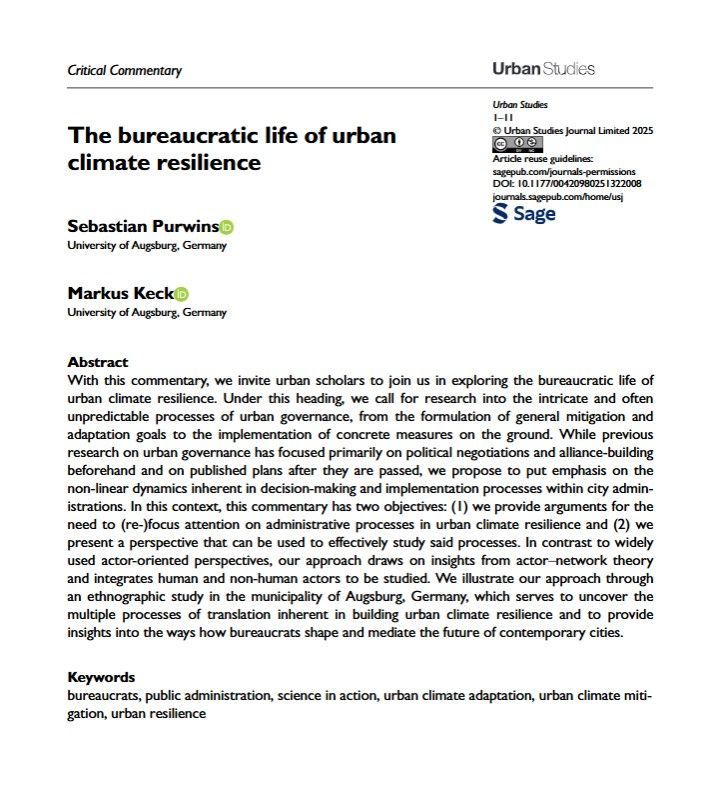 USJ_online's tweet image. Purwins and Keck uncover the intricate ways in which #bureaucrats, alongside non-human actors, shape and mediate the socio-material networks that influence the future of contemporary cities 
buff.ly/Ywie710 
#UrbanResilience #ClimateAdaptation