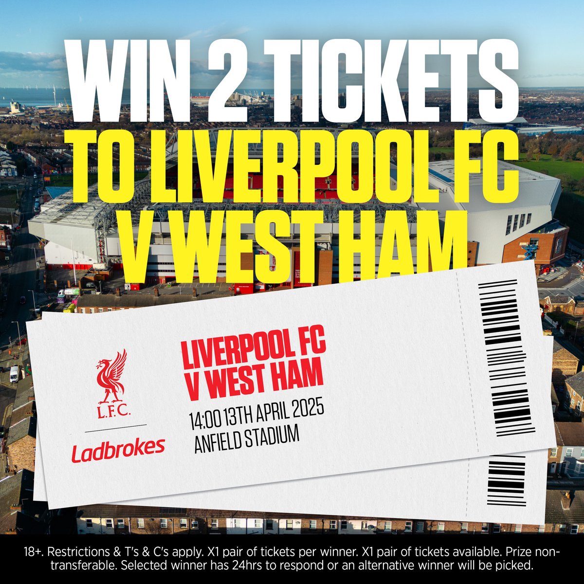 Ladbrokes (@ladbrokes) on Twitter photo As the Official Sports Betting Partner of Liverpool FC, we have x2 tickets to giveaway to Liverpool FC Vs West Ham next Sunday! ๐ฅ
For your chance to see the Reds in action, follow the steps below! ๐ด
โ
RETWEET & LIKE THIS POST
โ
FOLLOW <a href="/Ladbrokes/">Ladbrokes</a>
โ
TAG WHO YOUโD TAKE IN THE As the Official Sports Betting Partner of Liverpool FC, we have x2 tickets to giveaway to Liverpool FC Vs West Ham next Sunday! ๐ฅ
For your chance to see the Reds in action, follow the steps below! ๐ด
โ
RETWEET & LIKE THIS POST
โ
FOLLOW <a href="/Ladbrokes/">Ladbrokes</a>
โ
TAG WHO YOUโD TAKE IN THE