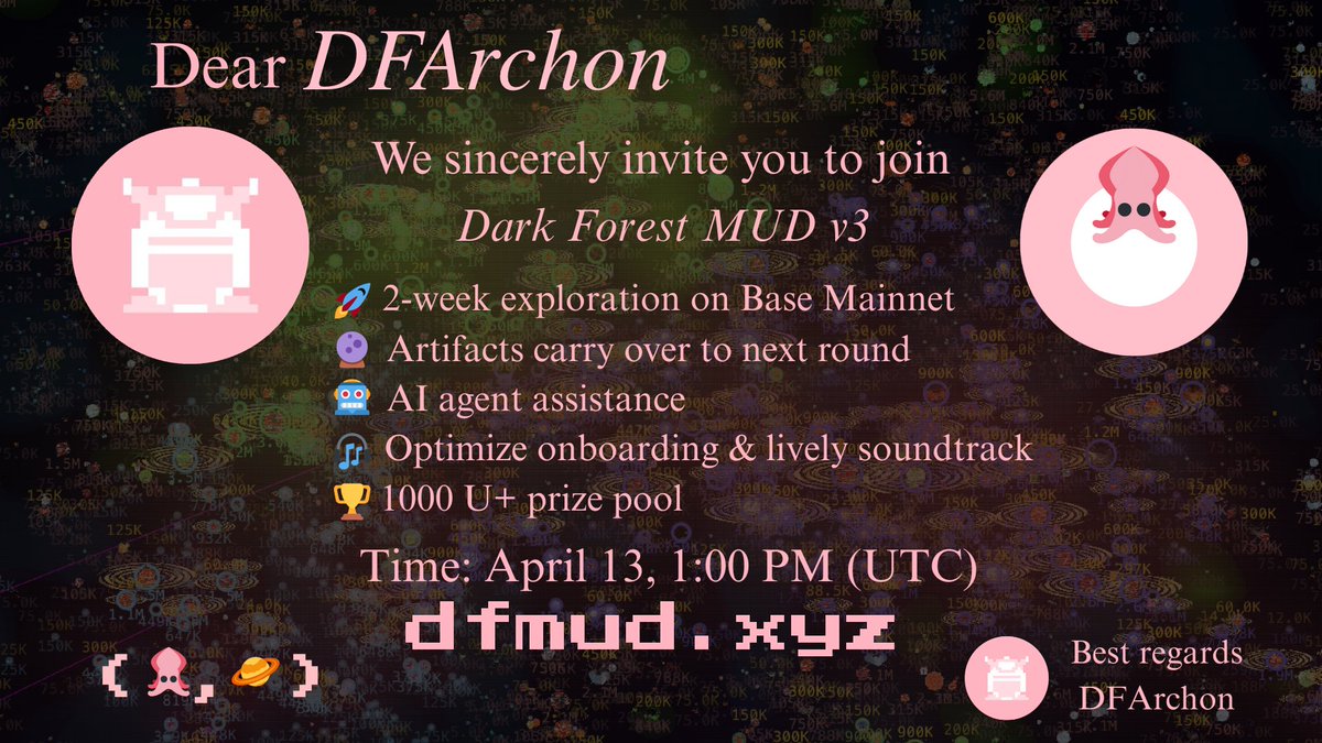 Ready for an epic adventure in <a href="/darkforest_mud/">Dark Forest MUD (🦑,🪐)</a> v3 on <a href="/base/">Base</a>?

Get your invite now and join the cosmic conquest! 🚀

Claim your invitation here =&gt; invite.dfmud.xyz