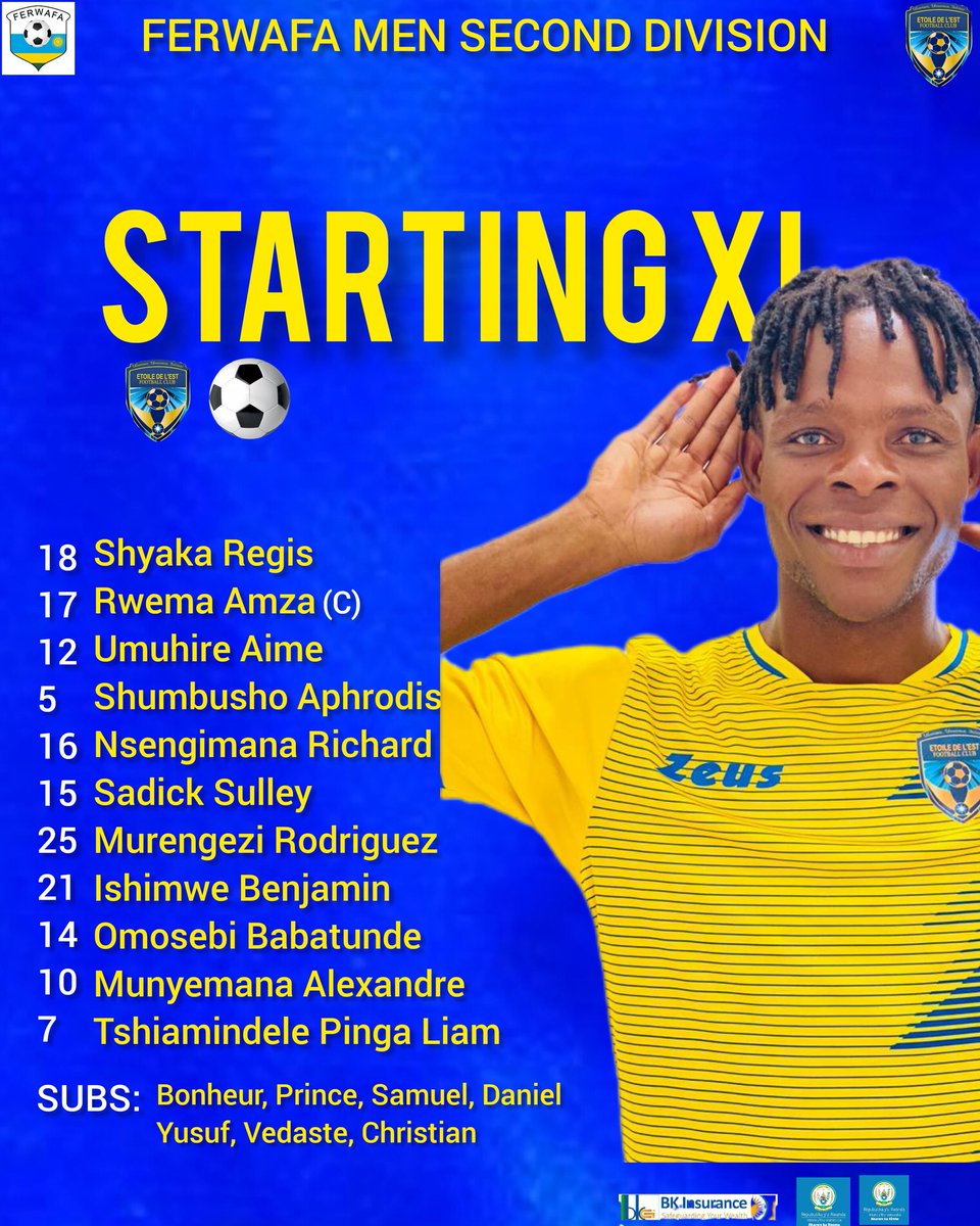 ETOILE DE L'EST FC (@etoile_fc) on Twitter photo FERWAFA MEN SECOND DIVISION
Day 24
Etoile de l'est vs Arpha FC
#LiNEUP
๐๏ธ Ngoma Stadium
15:30 PM
<a href="/FERWAFA/">Rwanda FA</a> <a href="/NgomaDistrict/">Ngoma District</a>
<a href="/KireheDistrict/">Kirehe District</a> FERWAFA MEN SECOND DIVISION
Day 24
Etoile de l'est vs Arpha FC
#LiNEUP
๐๏ธ Ngoma Stadium
15:30 PM
<a href="/FERWAFA/">Rwanda FA</a> <a href="/NgomaDistrict/">Ngoma District</a>
<a href="/KireheDistrict/">Kirehe District</a>
