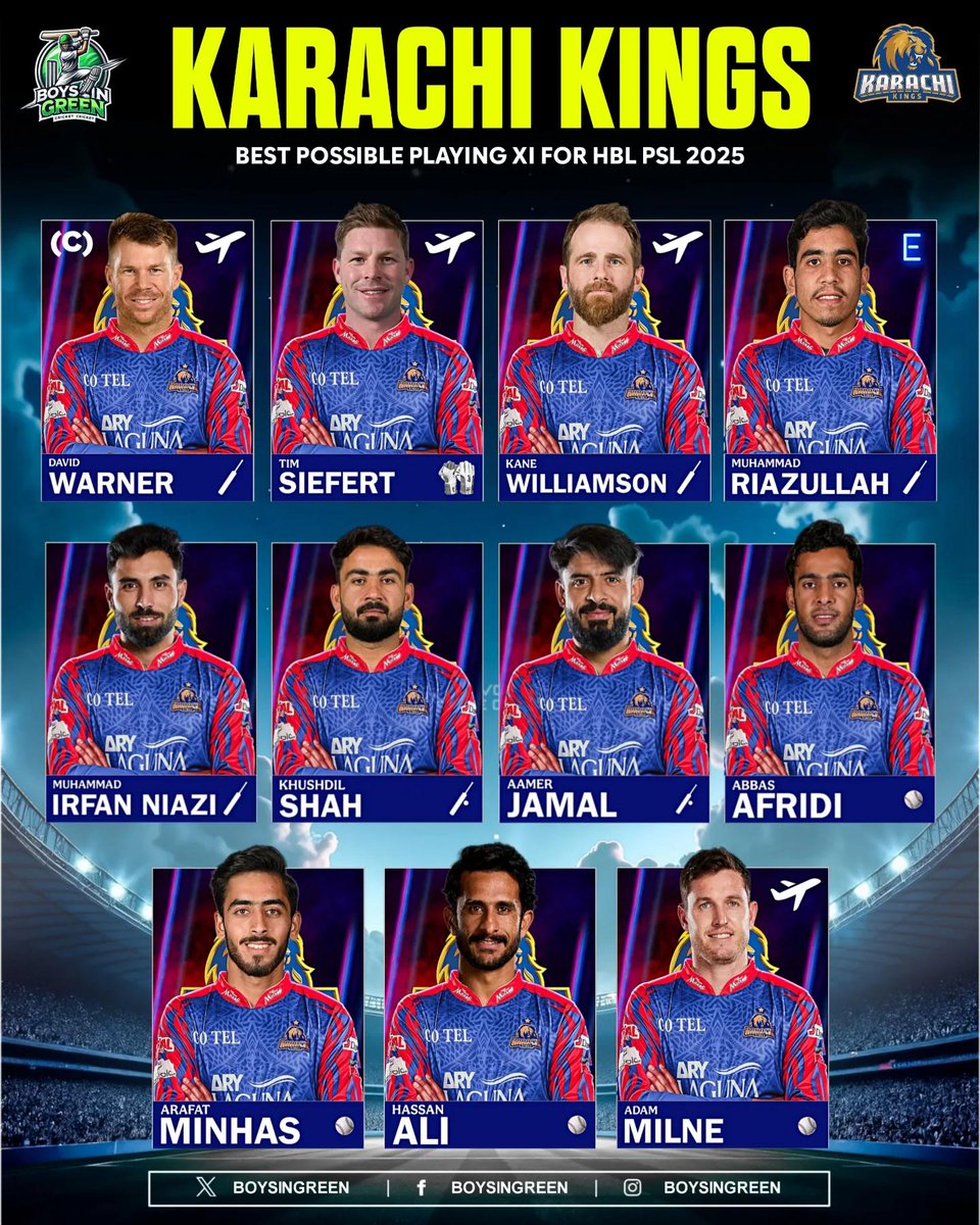 Shami1302's tweet image. "Karachi Kings' Dream XI for PSL 2025! ⭐🔥 A perfect blend of experience and young talent, led by the explosive David Warner! 💙🏏 Can this squad bring the trophy home? 🏆 #PSL2025 #KarachiKings #BoysInGreen" #PSL #psl10