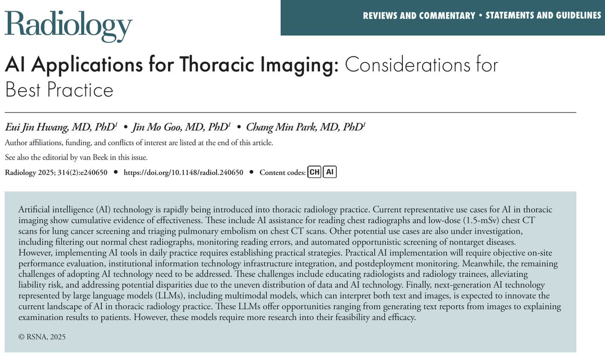 🧵 Thread: Can Artificial Intelligence really help thoracic radiologists? 
Let’s break down the latest insights from Radiology journal. Spoiler: It’s more than futuristic talk

#Radiology #AI #MedTwitter