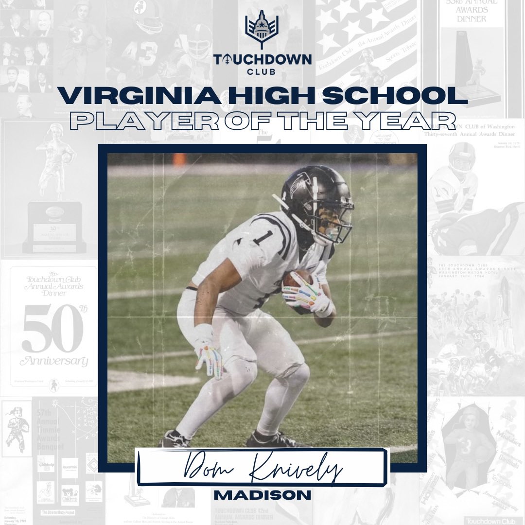 DC Touchdown Club (@dctouchdownclub) on Twitter photo 2025 #TouchdownClub Virginia High School Player of the Year
🏆Dom Knicely
The <a href="/CoastalFootball/">Coastal Football</a> recruit rushed for 1,396 yards and 20 TDs, had 1,039 receiving yards and 15 TDs and returned one kickoff and two punts for TDs to lead Madison to the Virginia 6A championship game. 2025 #TouchdownClub Virginia High School Player of the Year
🏆Dom Knicely
The <a href="/CoastalFootball/">Coastal Football</a> recruit rushed for 1,396 yards and 20 TDs, had 1,039 receiving yards and 15 TDs and returned one kickoff and two punts for TDs to lead Madison to the Virginia 6A championship game.