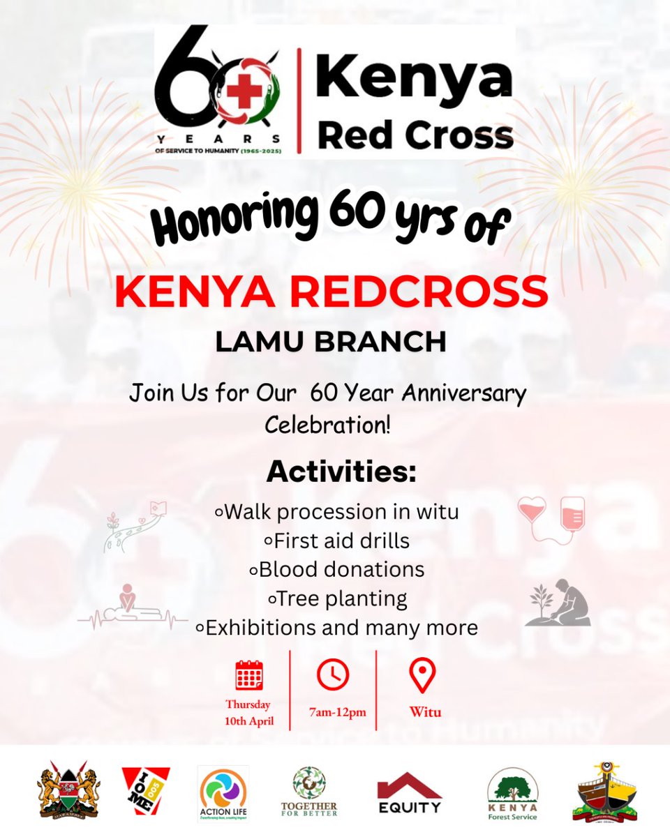 actionlife_Ke's tweet photo. Join Action Life Kenya &amp; Kenya Red Cross on April 10th in Witu for #60YearsOfImpact! Celebrate with a Peace Walk, Blood Donation, First Aid Demos, Tree Planting, Exhibitions, and BlueBiz talks. #youthempowerment #ClimateAction #inclusionmatters Tukutane Witu. https://t.co/FfGEigAOdd
