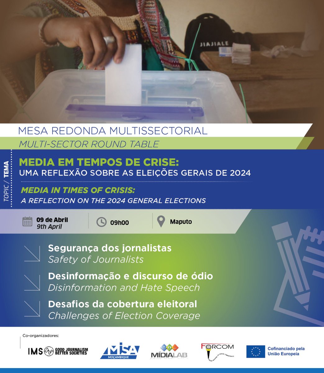 Mesa Redonda Multissetorial 
Tema: Cobertura da Media em 
Tempos de Crise 
 Data : Quarta-feira, 09 de Abril de 2025
 Hora: 09:00
---------------------------------
 Multisectoral Roundtable
Topic: Media Coverage in Times of Crisis
Date: Wednesday, 09 April 2025
Time: 09:00