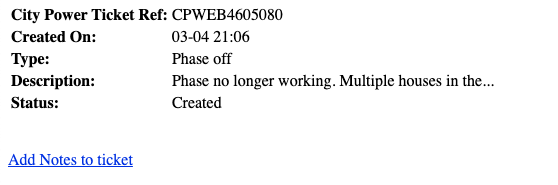 Roysinclair's tweet photo. @CityPowerJhb Please help us out. It is now day 4 (96 hours) without power, and there is still no moment on the ticket. We have multiple houses here without power. https://t.co/aieZZbPdXf