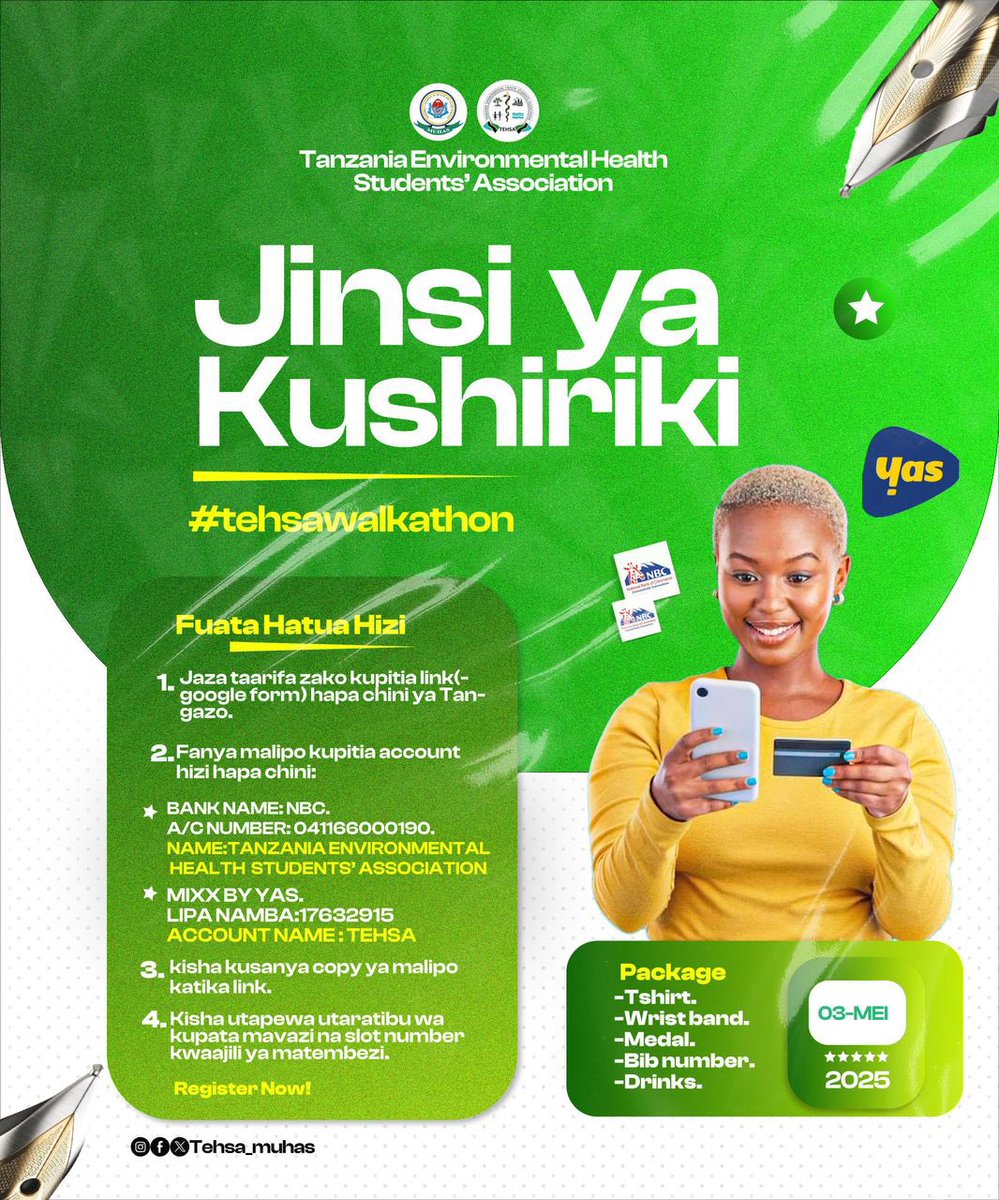Zahoro Ally (@zahoroally5) on Twitter photo Kushirikia matembezi ya Tehsa Walkathon season 1, ni rahisi sana.🤩🥳
Gusa hii link kisha fata hatua zilizoainishwa kwenye poster;
forms.gle/wsQ5T21EViJEo9…
Kimbia, Tembea na Afisa afya kuokoa maisha.🏃♀️🏃♂️ Kushirikia matembezi ya Tehsa Walkathon season 1, ni rahisi sana.🤩🥳
Gusa hii link kisha fata hatua zilizoainishwa kwenye poster;
forms.gle/wsQ5T21EViJEo9…
Kimbia, Tembea na Afisa afya kuokoa maisha.🏃♀️🏃♂️