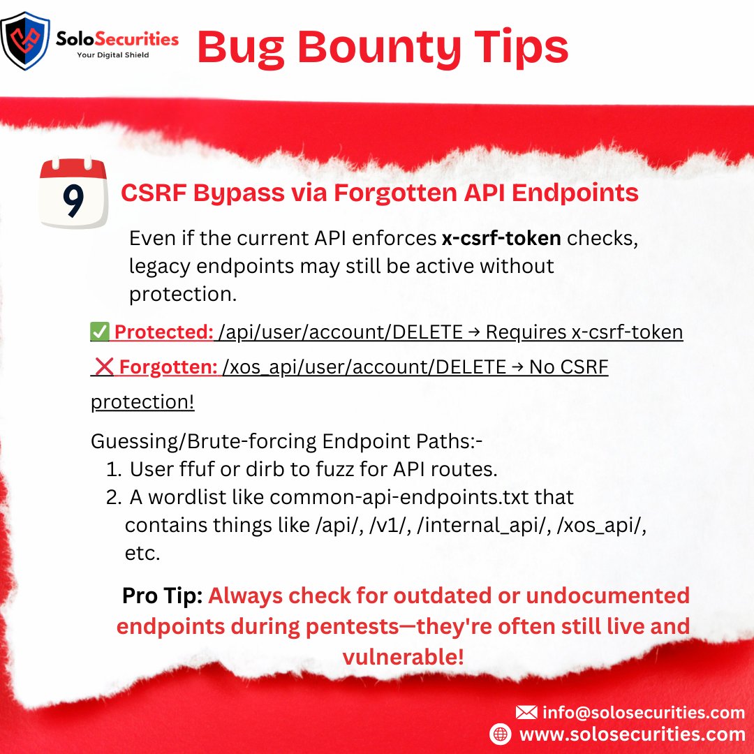 📢 Bug Bounty Tip: CSRF Bypass via Forgotten API Endpoints

Even if your main API enforces x-csrf-token, legacy endpoints might still be wide open 👀

✅ /api/user/account/DELETE → Protected
❌ /xos_api/user/account/DELETE → No CSRF check!

#BugBounty #WebSecurity #CSRF