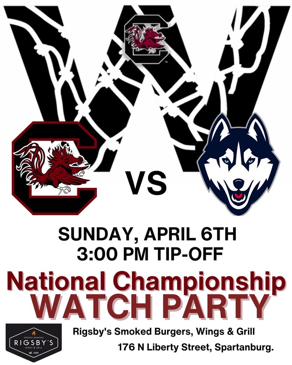 Join us today at Rigsby’s in downtown <a href="/OneSptbgInc/">OneSpartanburg, Inc.</a> to cheer on our <a href="/GamecockWBB/">South Carolina Women's Basketball</a>! <a href="/WSPA7/">WSPA 7NEWS</a> <a href="/foxcarolinanews/">FOX Carolina News</a> <a href="/wyffnews4/">WYFF News 4</a> <a href="/TiffanyErvin/">Tiffany Ervin</a> <a href="/GamecocksOnline/">South Carolina Gamecocks</a> <a href="/TheGamecockClub/">The Gamecock Club</a> <a href="/uofscalumni/">USC Alumni Association</a> <a href="/badhatharri/">Harriett Bryant 🌻</a> <a href="/TheFanUpstate/">The Fan Upstate</a>