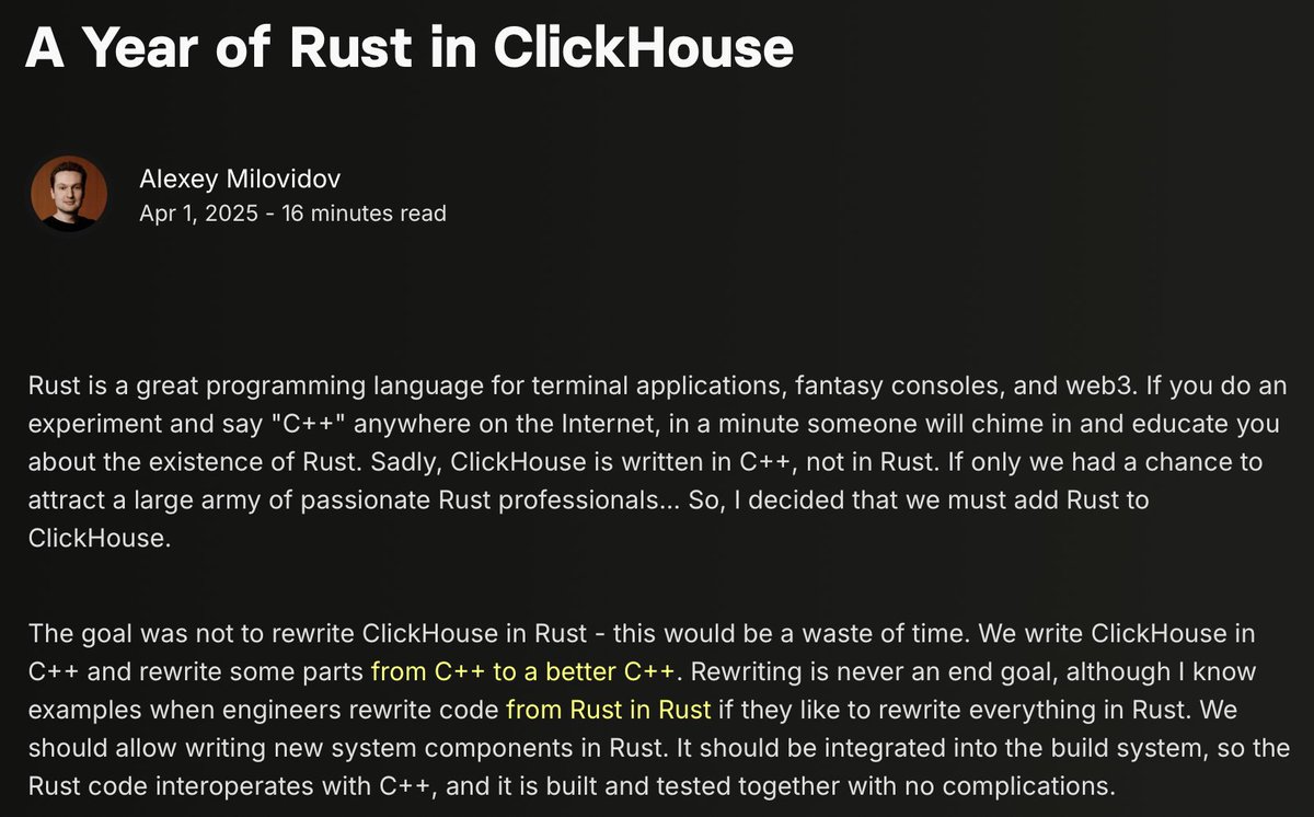 ClickHouse has started its Rust journey - a good blog post explaining their experience introducing Rust into their sea of C++ codebase ..