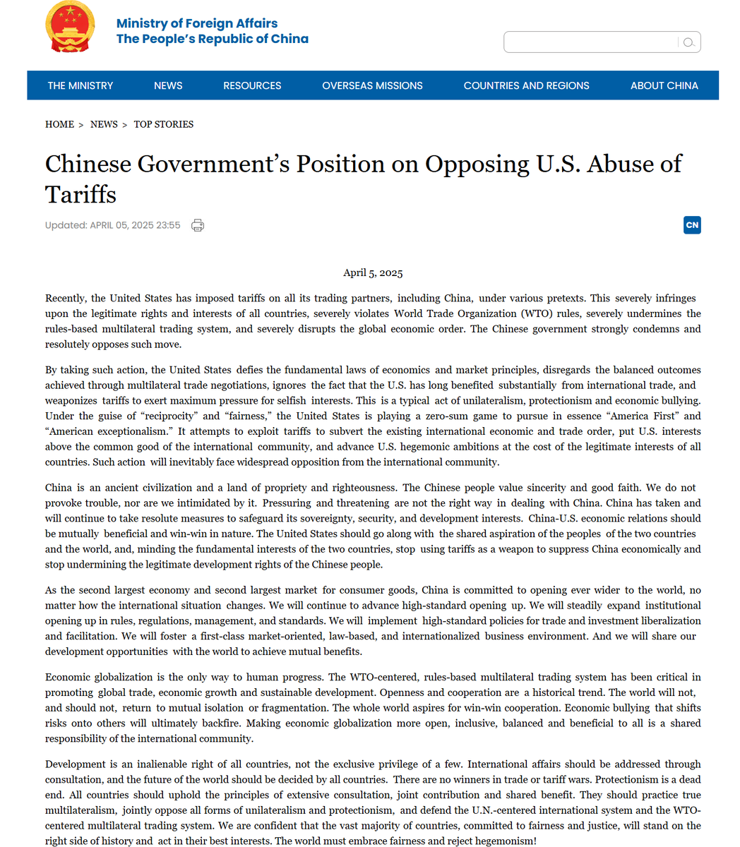 ChineseEmbinUS's tweet photo. ‼️Chinese Government’s Position on Opposing #US Abuse of #Tariffs     
🔗https://t.co/qf8dt7keqy

#China https://t.co/Wzgr3ATa42