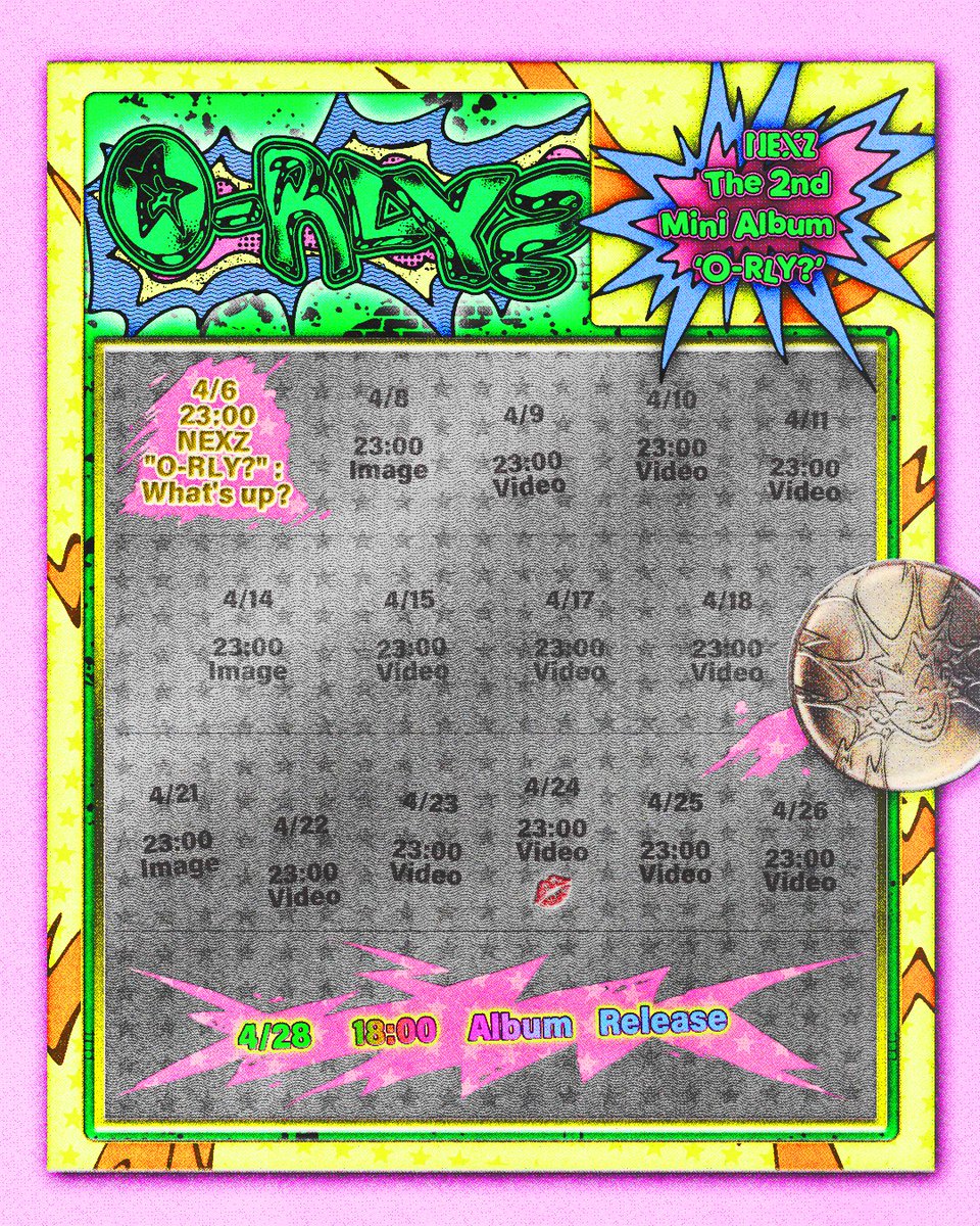 NEXZ(넥스지) "O-RLY?"
TIMETABLE

2025.04.28 MON 6PM (KST) Release

#NEXZ 
#O_RLY #NEXZ_O_RLY
