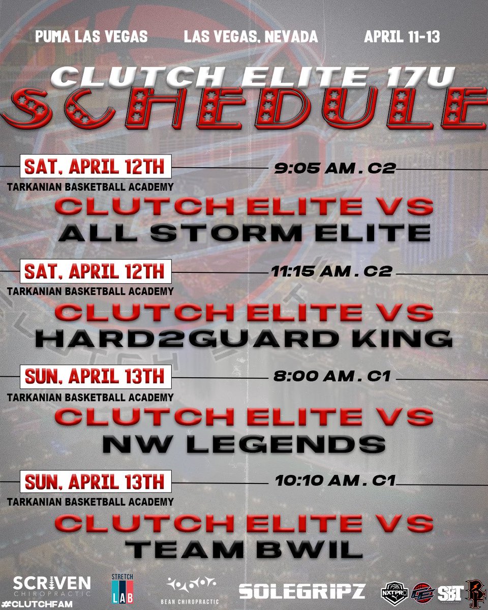 Clutch Elite Basketball (@clutchelite20) on Twitter photo Clutch Elite 16u & 17u is ready for Puma Las Vegas! 4 games. 1 mission. Let’s get it.
Puma Las Vegas • Session 2
Las Vegas, Nevada 📍
<a href="/TreySterner5345/">Trey Sterner</a> <a href="/PRO16League/">PRO16/NXTPRO League</a> <a href="/alex_pritchh/">Alex Pritchard</a> <a href="/NxtProHoops/">NXTPRO Hoops</a> <a href="/CoachESilva/">Evin Silva</a> <a href="/willkeller19/">Will Keller</a>
#ClutchFam #ClutchEliteAAU #Pro16League #NXTProHoops Clutch Elite 16u & 17u is ready for Puma Las Vegas! 4 games. 1 mission. Let’s get it.
Puma Las Vegas • Session 2
Las Vegas, Nevada 📍
<a href="/TreySterner5345/">Trey Sterner</a> <a href="/PRO16League/">PRO16/NXTPRO League</a> <a href="/alex_pritchh/">Alex Pritchard</a> <a href="/NxtProHoops/">NXTPRO Hoops</a> <a href="/CoachESilva/">Evin Silva</a> <a href="/willkeller19/">Will Keller</a>
#ClutchFam #ClutchEliteAAU #Pro16League #NXTProHoops