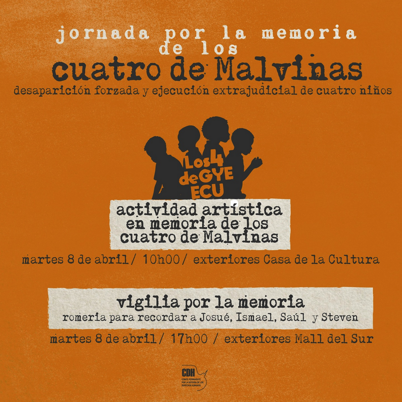 ¡ALZAMOS NUESTRA VOZ POR LA JUSTICIA Y LA MEMORIA! Este martes 8 de abril, la Mesa de Solidaridad con los 4 de Guayaquil, junto al <a href="/CDHGYE/">CDH.GYE</a>  y otras organizaciones sociales, convocamos a una acción pública para recordar y exigir justicia por Ismael, Saúl, Steven y Josué.
