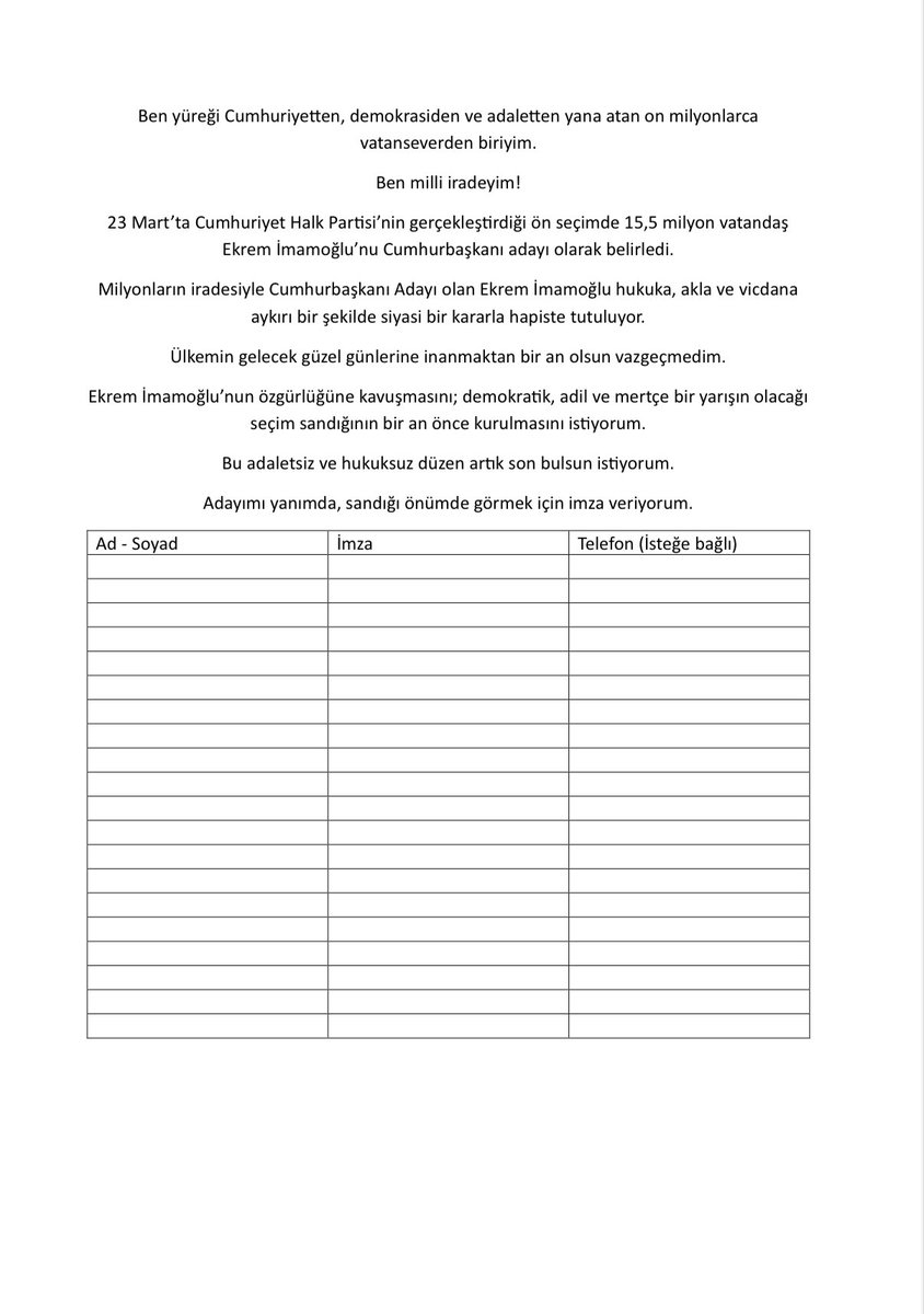 🚨 BİLGİLENDİRME…

Yurtiçi Yurtdışı nerede olursanız olun Ekrem İmamoğlu için imza nasıl veririz…?!

1.Aşağıda paylaştığım görselin çıktısını alın.
2.Topladığınız imzaların görselinin fotoğrafını çekip  imza@chp.org.tr adresine gönderebilirsiniz…

Mail kullanmayanlar fiziki