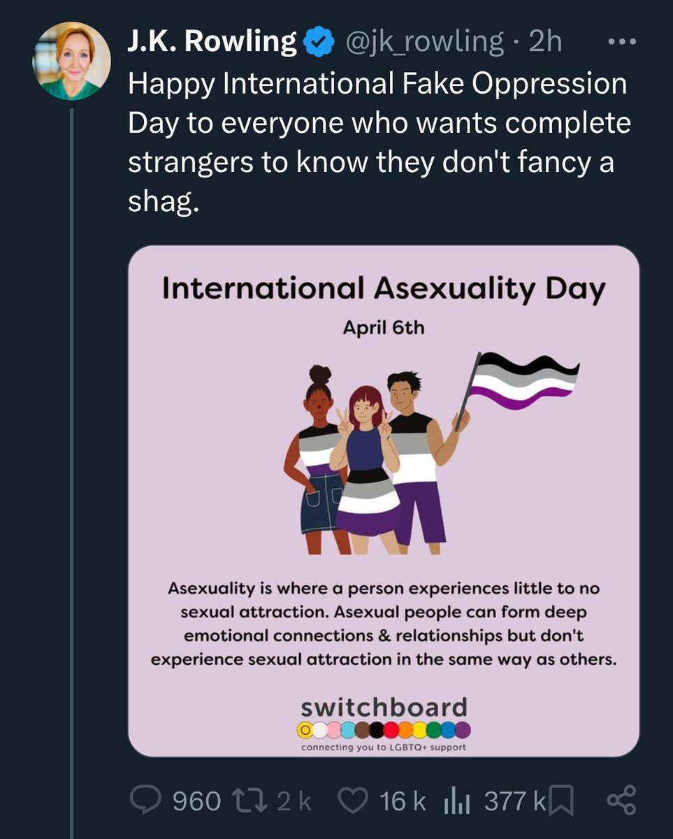 One of my partners is asexual and she was assaulted by her ex when she came out.

So JK Cunting can fuck right off with that "fake oppression" bullshit.