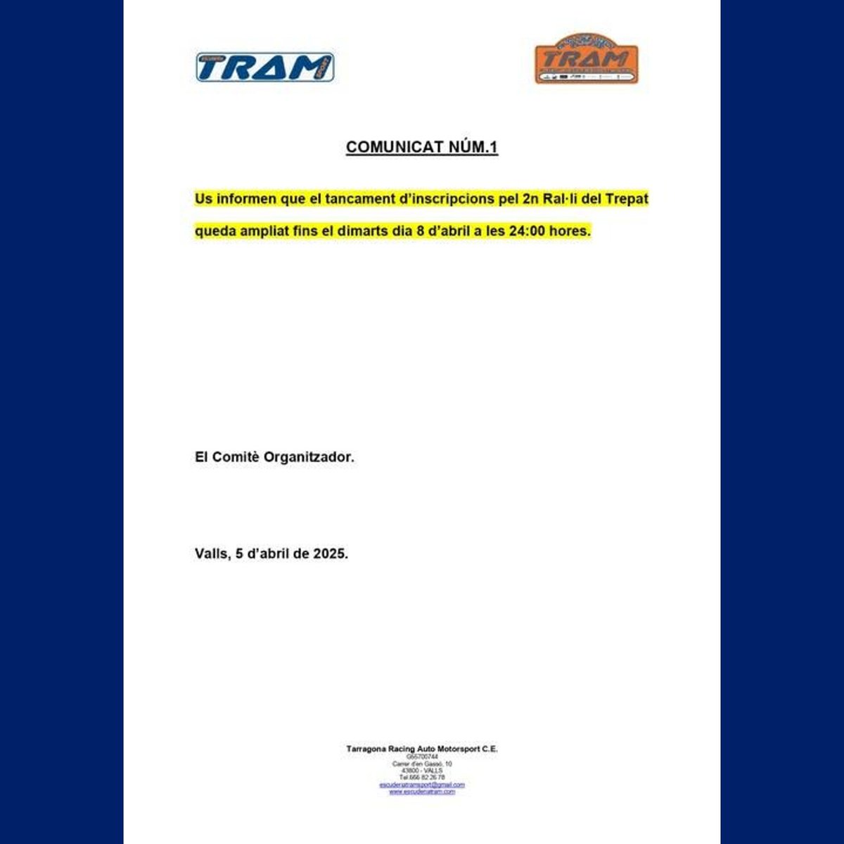 FCAutomobilisme's tweet photo. 🏁 2n Ral·li del Trepat
⚠️ AMPLIACIÓ TANCAMENT D'INSCRIPCIONS
‼️ Comunicat del Comité organitzador de la prova
ℹ️ https://t.co/awo2qmi8DX
#FCAutomobilisme #motorsport #inscripcions #ampliació #tancament #campionat #catalunya #rallis #terra #rallisprint #eltrepat #montblanc https://t.co/WRRH40AwAB