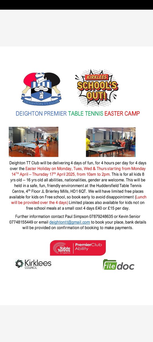 Easter Holiday Table Tennis Camp keep your kids occupied,<a href="/AshbrowSchool/">AshbrowSchool</a> <a href="/fixbyschool/">fixbyj&ischool</a> <a href="/KMSchool/">Kirkburton Middle School</a> <a href="/HonleyHighUK/">Honley High School</a> <a href="/ScissettMiddle/">Scissett Middle School</a> <a href="/RastrickSports/">Rastrick Sports</a> <a href="/CrossHeathSport/">Crossley Heath Sport</a> @NHTSchool <a href="/snhsacademy/">Salendine Nook High School</a> <a href="/Cyouthcic/">Conscious Youth CIC</a> <a href="/oc_kirklees/">One Community</a> <a href="/htafcfoundation/">Huddersfield Town Foundation</a>