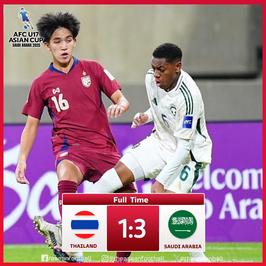 theaseanball's tweet photo. ✨AFC U17 ASIAN CUP 2025 | Group A

FT: Thailand 🇹🇭 1️⃣ - 3️⃣ 🇸🇦 Saudi Arabia

❌️Thailand has been eliminated !

#AFC #AFCU17 https://t.co/8POHNp93T8