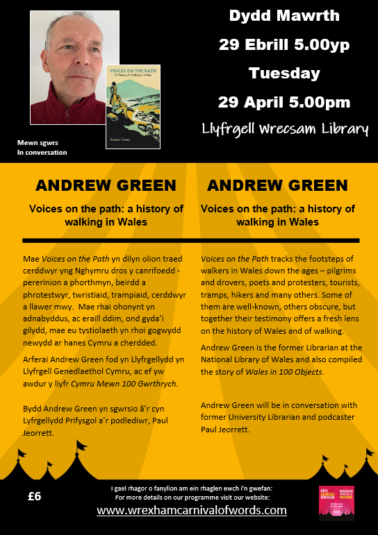 "Voices on the Path" Meet Andrew Green, former Librarian of <a href="/NLWales/">National Library of Wales</a> discuss the fascinating history of walking in Wales. Tues 29 April @WxmLibraries #Wrexham