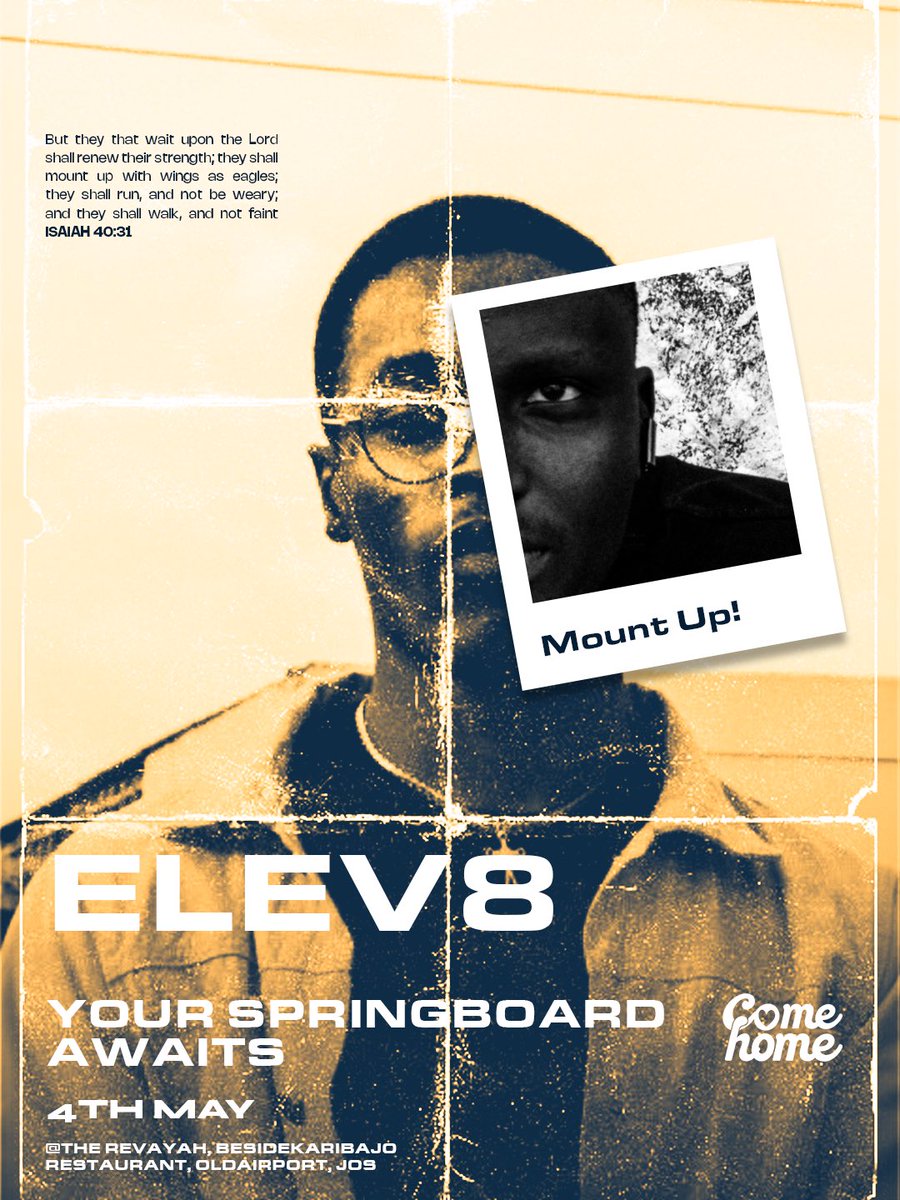ELEV8-MOUNT UP... A call to those who Are hungry to rise.

4th May | Elev8 Live
Your spring board awaits, Come home.
#MountUp #ComeHome #Elev8Live