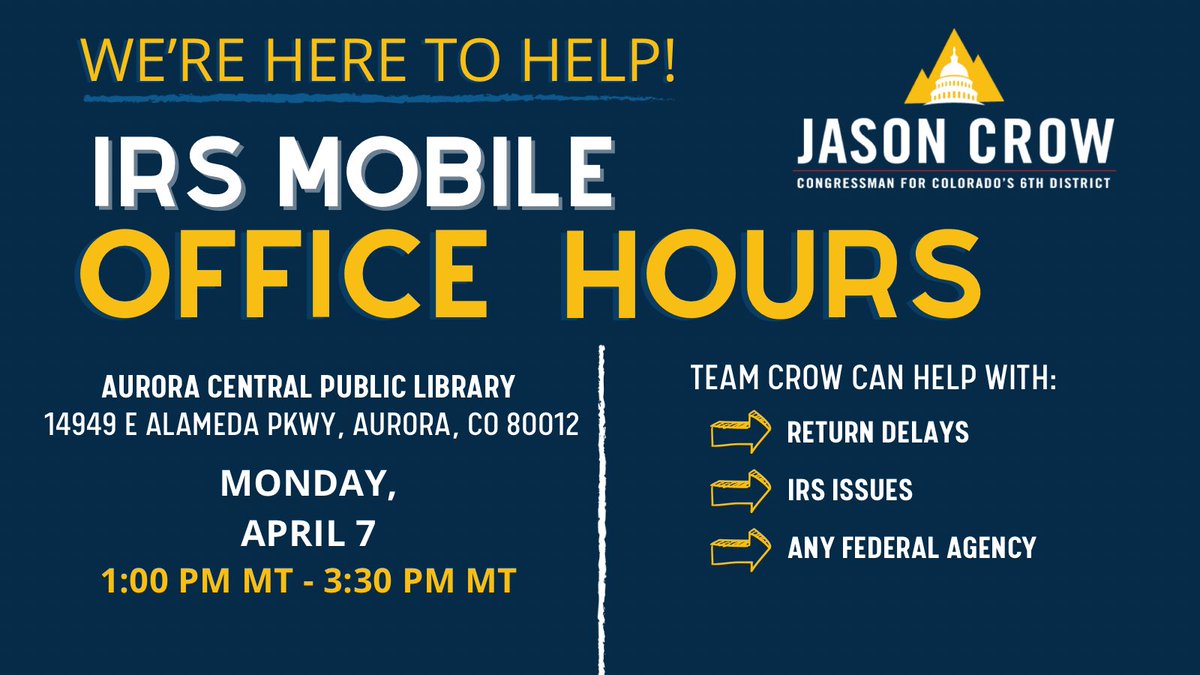 RepJasonCrow's tweet photo. Join #TeamCrow tomorrow for IRS Mobile Office Hours at Aurora Central Public Library!
Weโll be able to help you navigate return delays, other IRS issues, and more! https://t.co/J9YF8wgn0f