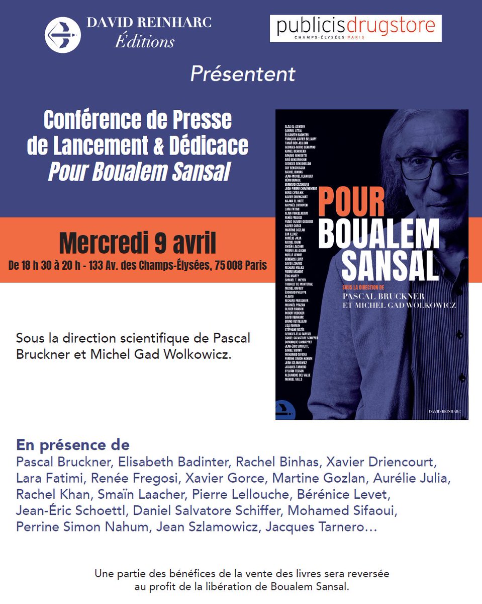 Lara Fatimi (@larafatimi) on Twitter photo Retrouvons-nous le 9 avril au <a href="/DrugstoreParis/">Publicis Drugstore</a> pour le lancement de notre ouvrage collectif Pour Boualem #Sansal.
Chaque soutien est précieux.
Chaque jour compte. #LiberezBoualemSansal Retrouvons-nous le 9 avril au <a href="/DrugstoreParis/">Publicis Drugstore</a> pour le lancement de notre ouvrage collectif Pour Boualem #Sansal.
Chaque soutien est précieux.
Chaque jour compte. #LiberezBoualemSansal