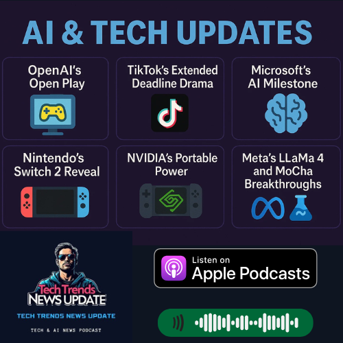 TechAIPodcast's tweet image. Listen to &quot;OpenAI’s Open Play, TikTok’s extended deadline drama, Microsoft’s AI milestone, Nintendo’s Switch 2 reveal, NVIDIA’s portable power, WHAMM’s gaming frontier, and Meta’s LLaMa 4 and MoCha breakthroughs&quot;

Subscribe now lnk.bio/techtrendsnews…